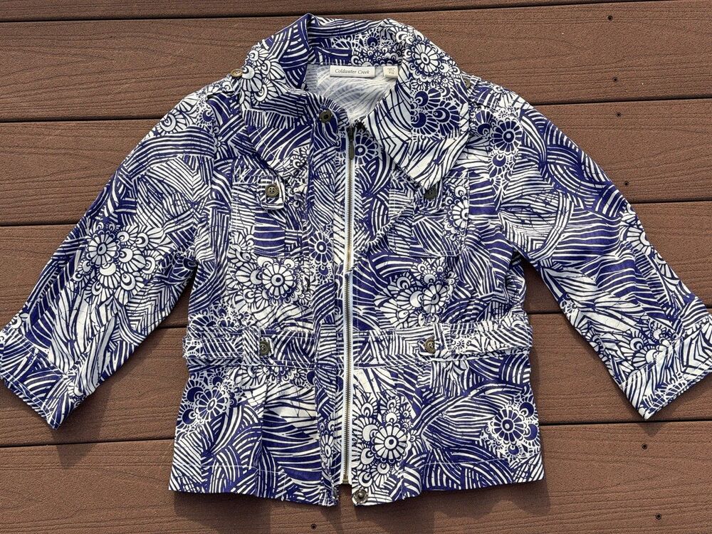 VTG Coldwater Creek Floral Print Utility Style Full Zip Jacket 10P Beachy Y2K